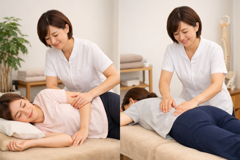 ・産後の骨盤バランスを確認する施術風景・姿勢と骨盤のゆがみをチェックする様子